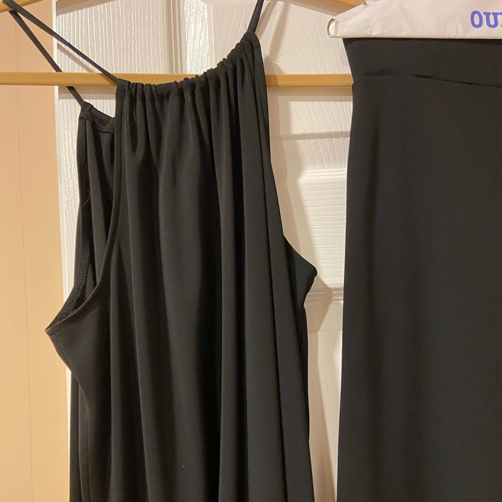 Kate Hill two piece black dressy crepe outfit sleeveless halter top. Mini skirt